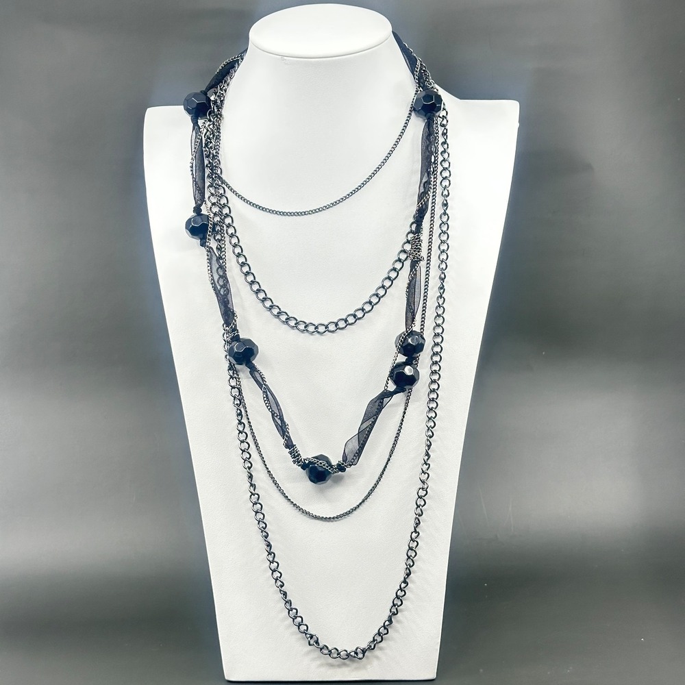 Black Multi Chain Ribbon Bead Necklace Gothic Layered Statement Vintage Jewelry